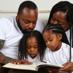 insipirational african american family reading a book